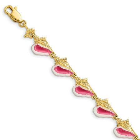 Solid 14k Yellow Gold Enamel 3-D Conch Shell Bracelet - with Secure Lobster Lock Clasp 7.25