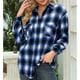 thumbnail image 2 of Blusa a cuadros para mujer, solapa, media larga, poliéster, informal, manga larga, camisa con botones para el trabajo diario, otoño, invierno, azul, M, 2 of 7