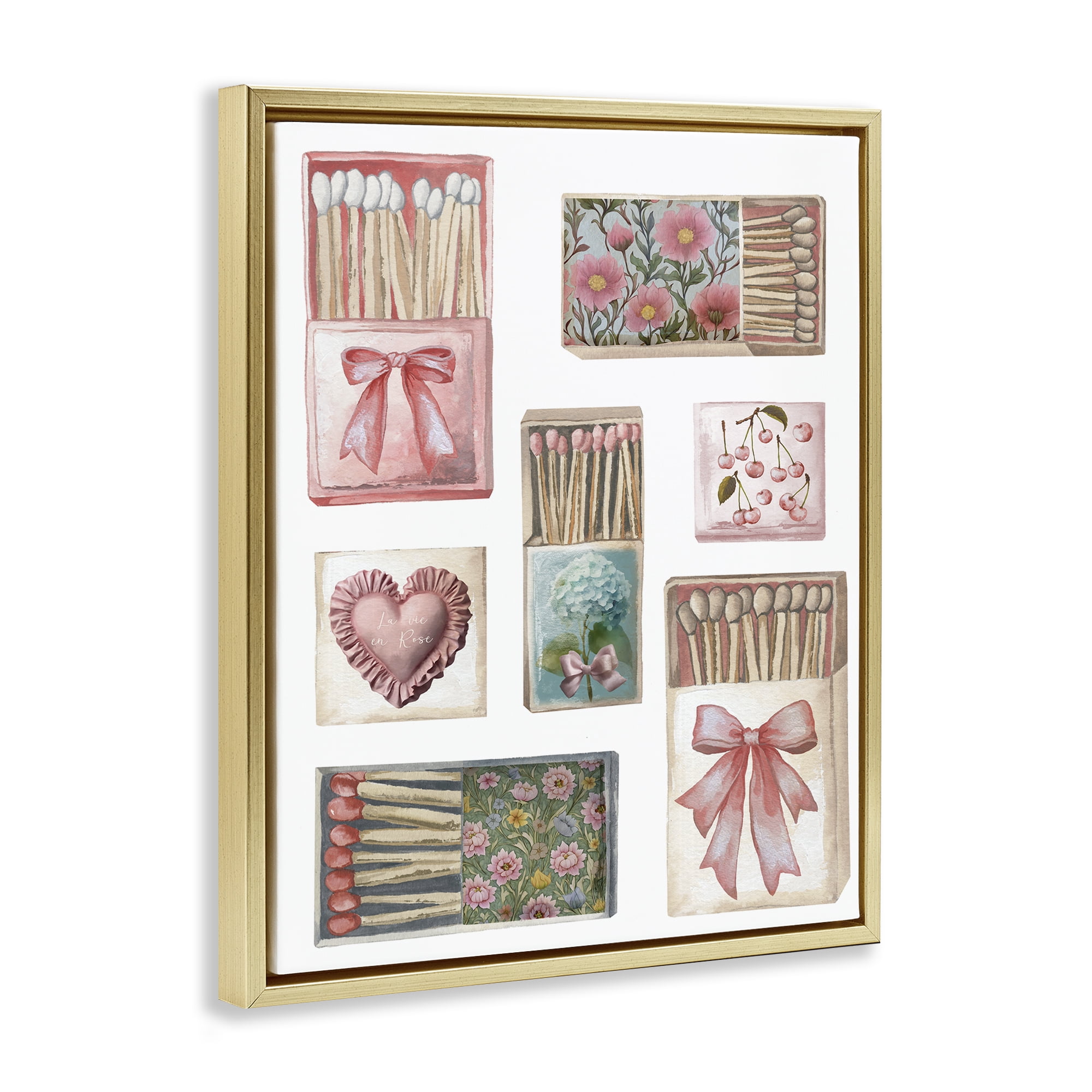 Stupell Industries Vintage Feminine Matchbooks Gold Framed Floater Canvas Wall Art, design by Elizabeth Medley