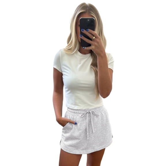 Women's Light Grey French Terry Drawstring Mini Skort with Pockets | [ZhiHiMeRi] | (US 12-14)L