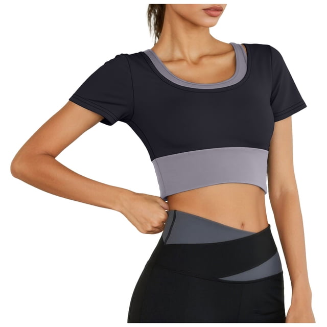 DAFEI Workout Tank Tops for Women Side Ruched Short Sleeve High Neck Crop Top Summer Athletic Gym Shirts
