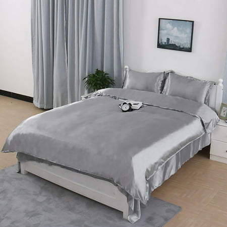 Satin Silk Duvet Cover Flat Sheet Pillow Shams Bedding Set Gray