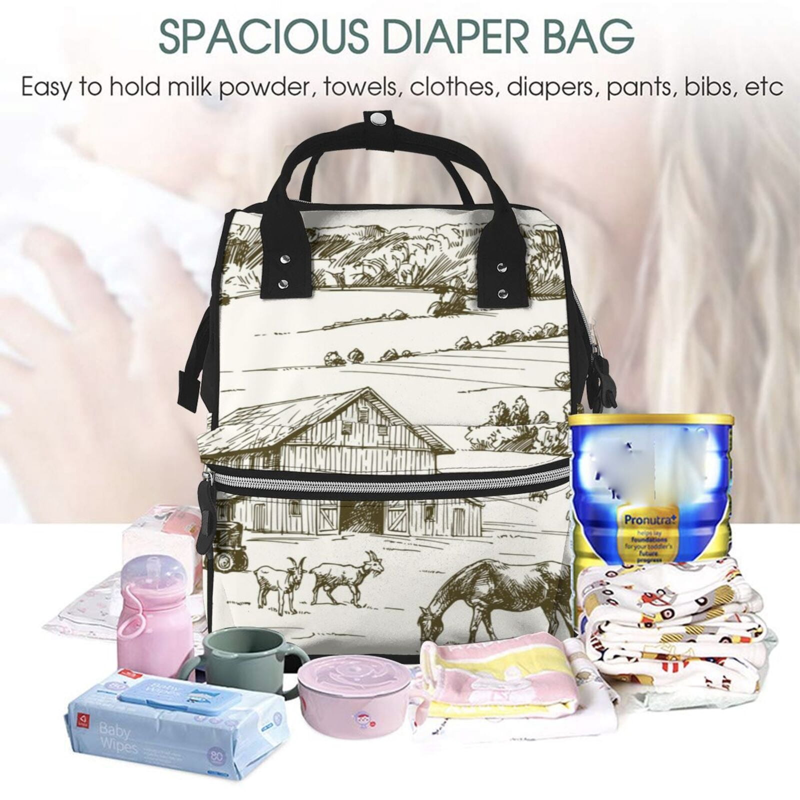 Ratiio Farm Animals 2 Mummy Backpack - Waterproof Twill Canvas, Large Capacity Diaper Bag with Multiple Pockets and Adjustable Straps