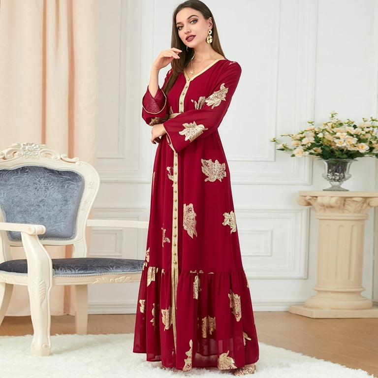 FYMNSI Womens Ethnic Printed Abaya Evening Dress Long Sleeve V-neck Eid  Dress Moroccan Kaftan Muslim Maxi Dress M Red - Walmart.com