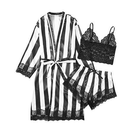 GuessLookry 2023 Short Sleeve CamisolePlus Size Sexy Lingerie Women Silk Stripe Robe Satin Bathrobe Sleepwear Pajamas Holiday or Birthday Gifts