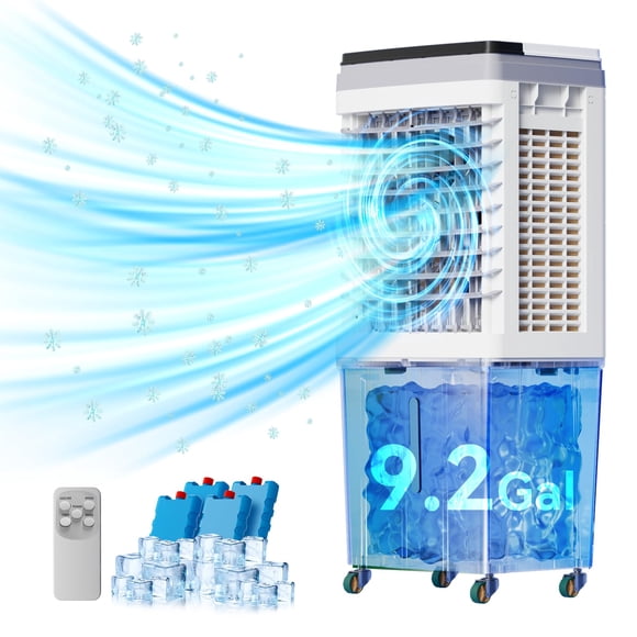 Enfriador de aire evaporativo, aires acondicionados portátiles 3 en 1 con 2353 CFM, enfriador de pantano con tanque de agua de 9,2 galones, control remoto y táctil, oscilación de 90°+120°, ventilador