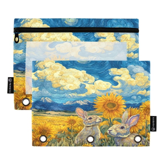2 Pack 3 Ring Binder Pouch with Clear PVC Window Water Resistant Zipper Pencil Pouch Rabbits in The Wheat Field Binder Pocket for Classroom Office Home Stationery Organization