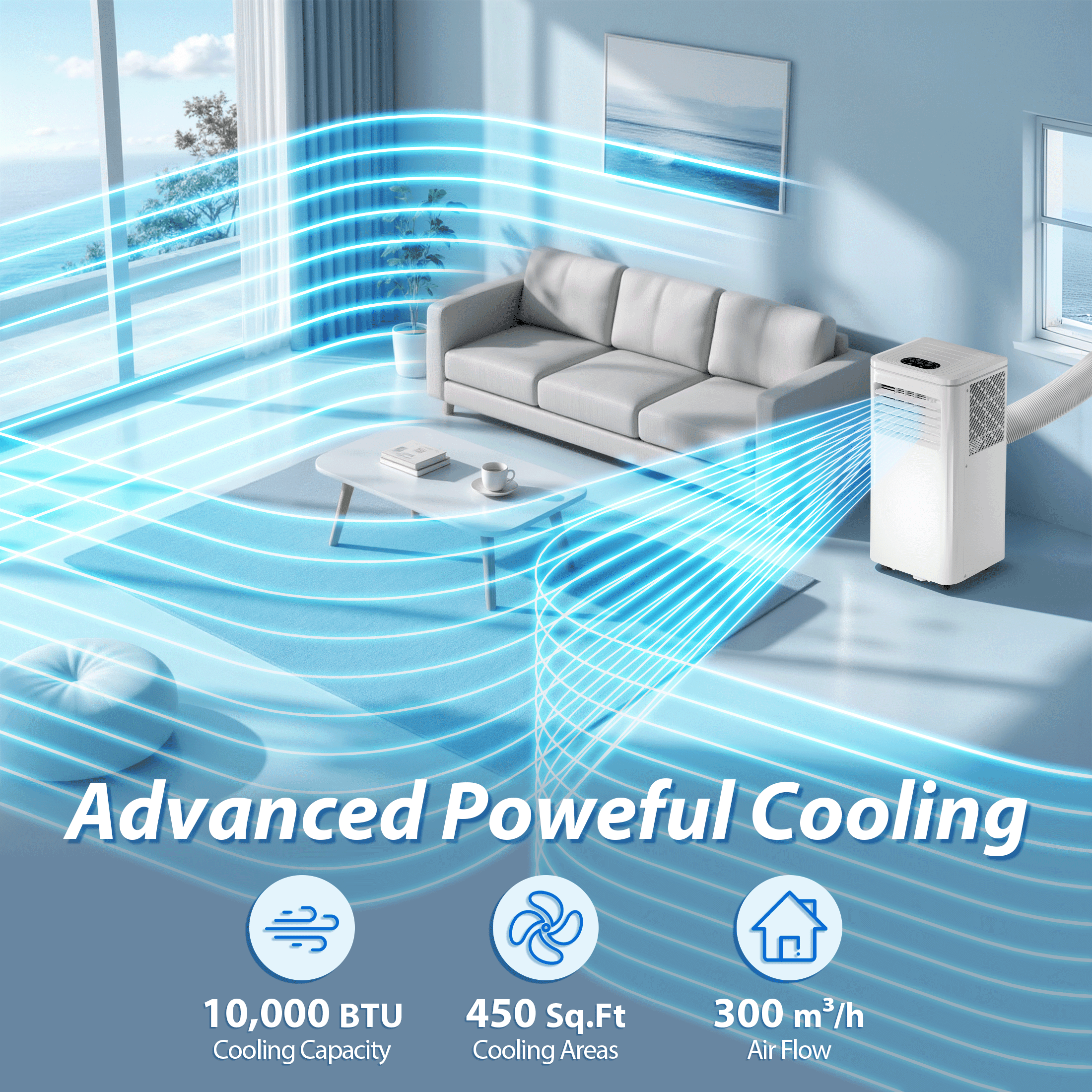 PRO CHOICE Portable Air Conditioner 10000 BTU(Ashrae) for Room Cooling up to 300 Sq.ft, 24H Timer Room AC w/Remote Control, White