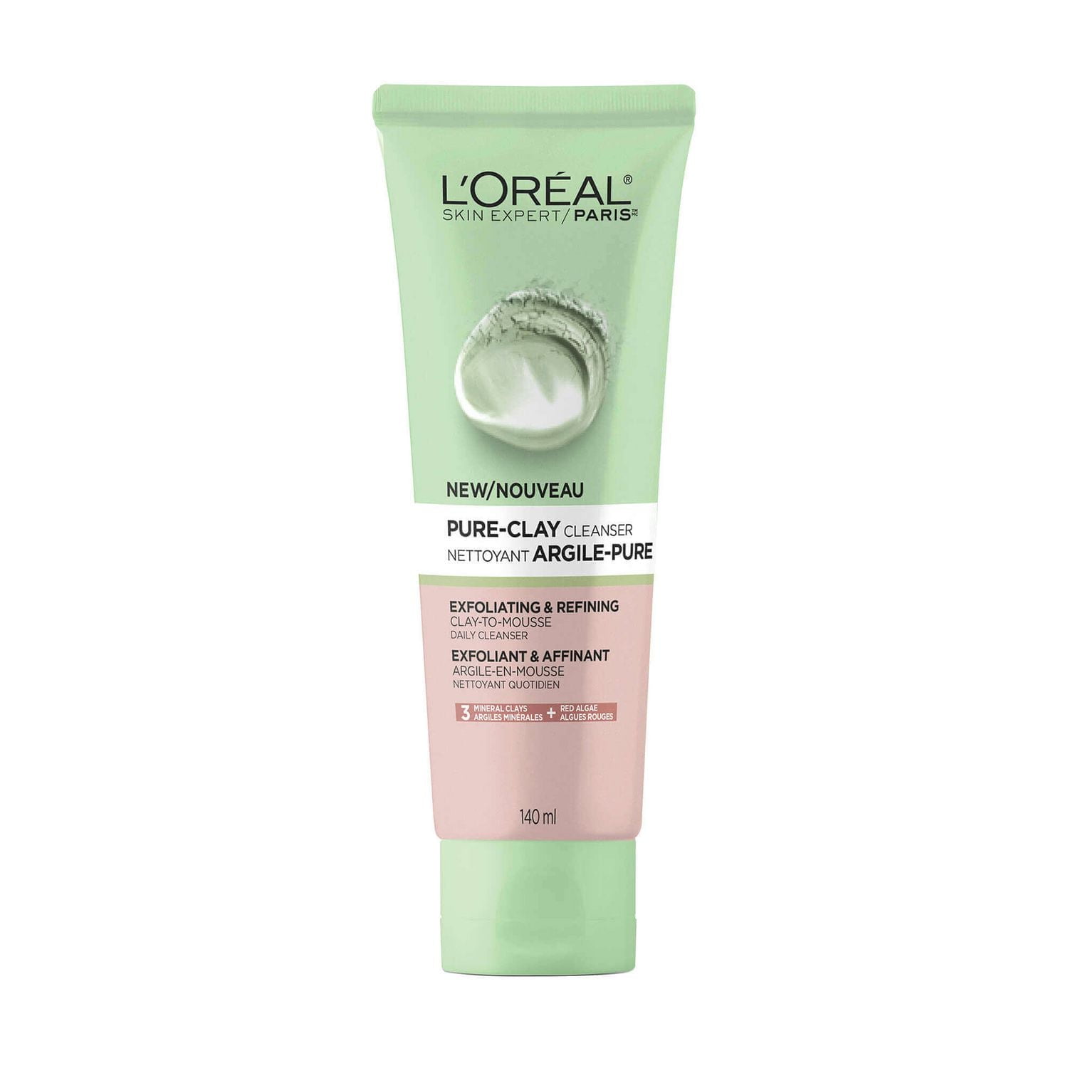 L'Oreal Paris Pure-Clay Daily Cleanser with 3 Mineral Clays + Red Algae, Exfoliates and Refines Rough Skin, 140 ml