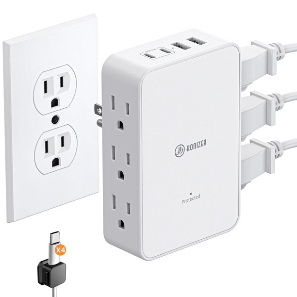 Regleta divisor de enchufe HONIZER de 6 tomas AC y carga rápida USB-C de 20W