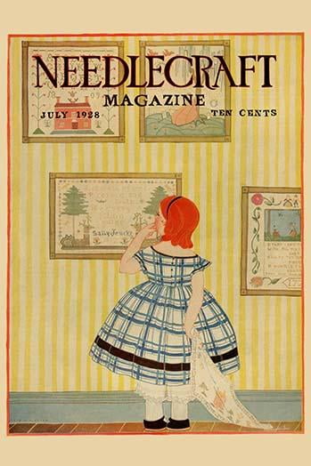 Young girls looks at a selection of old needlepoints on a wall- Fine Art Canvas Print (20" x 30")