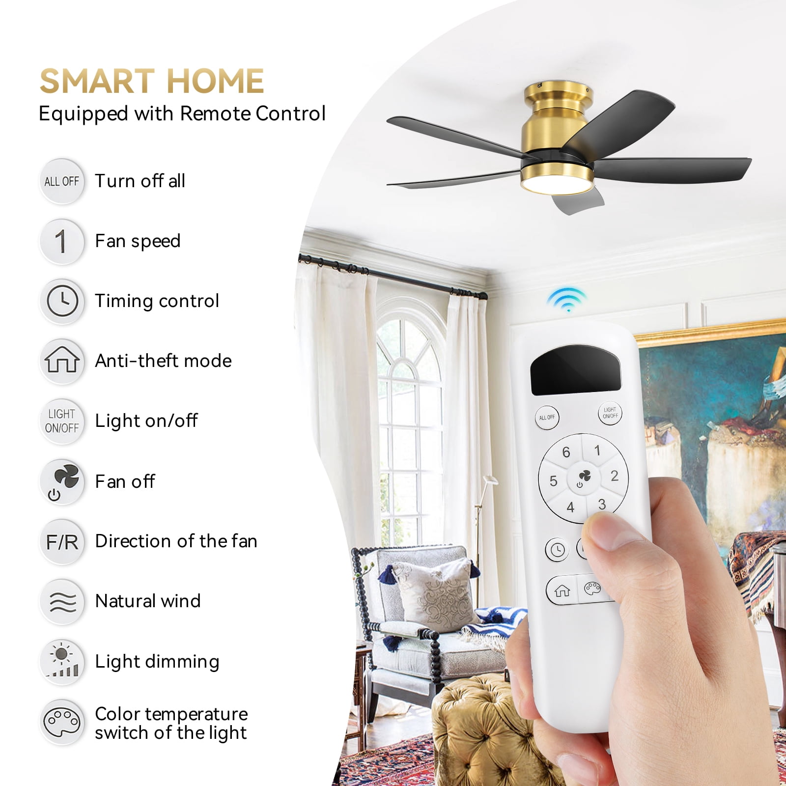 Sofucor 42 Inch Ceiling Fan with Lights and Remote for Bedroom Black and Gold
