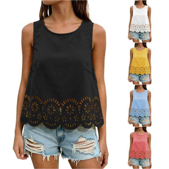 XIAONU Women Eyelet Hem Tank Top Sleeveless Round Neck Cropped Summer Blouse