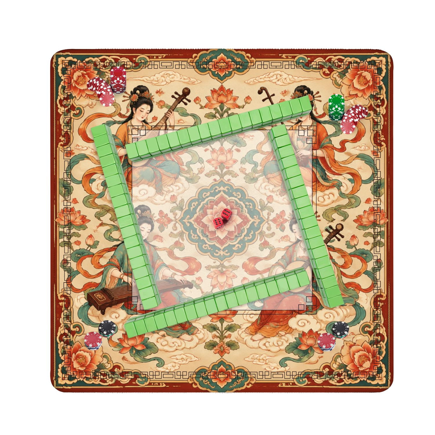 Mahjong Mat 31.5" x 31.5" Ornate Asian Goddesses Playing Traditional Musical Instruments Lotus Non-Slip Noise Reduction American Mahjong Tiles Table Cover for Dominoes Poker Card Board Games Gift