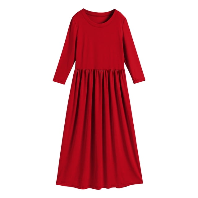 Robe de Fille Fleurie, Robe Longue à Manches Longues Col Rond Solide Ample Décontractée Maxi Princesse, Confortable pour un Usage Quotidien, Tenue de Jeu pour Enfants, Robe de Fille Tout-Petit, Rouge, 9-10 Ans