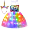 thumbnail image 4 of Vestido de unicornio para niñas con luces LED y lentejuelas de arcoíris, vestido de princesa con tutú para fiesta de cumpleaños, disfraz de Halloween y Navidad para niños, 4 of 5