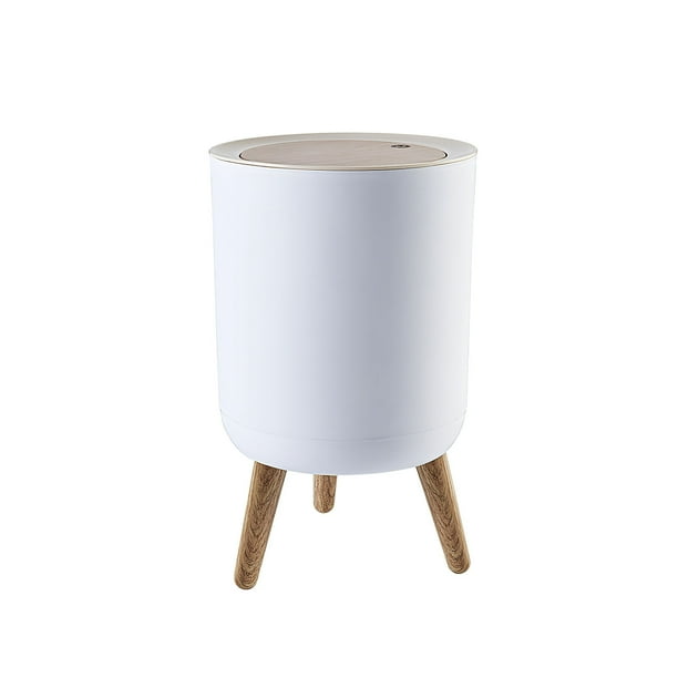Cubo De Basura De 7 L De Plástico Blanco Con Tapa Redonda De Grano De Madera, Interruptor De Empuje De Pies Altos, Contenedor De Basura, Cubo De Basura Para Dormitorio, Sala De Estar, Oficina Noticed HA016395-00