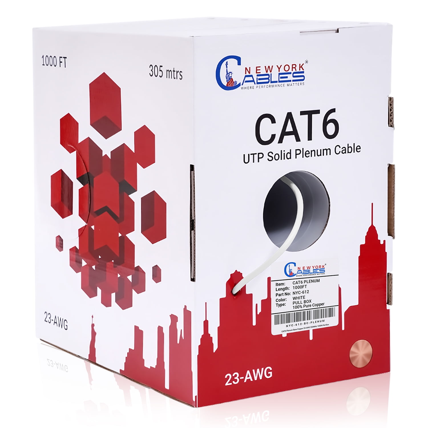 CAT6 Plenum (CMP) 1000ft Bulk Cable 100 Pure Solid Bare
