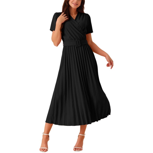 Vestido midi plisado fluido con cinturón de manga corta envolvente y escote en V para mujer INSPIRE CHIC 2024, color negro, talla L