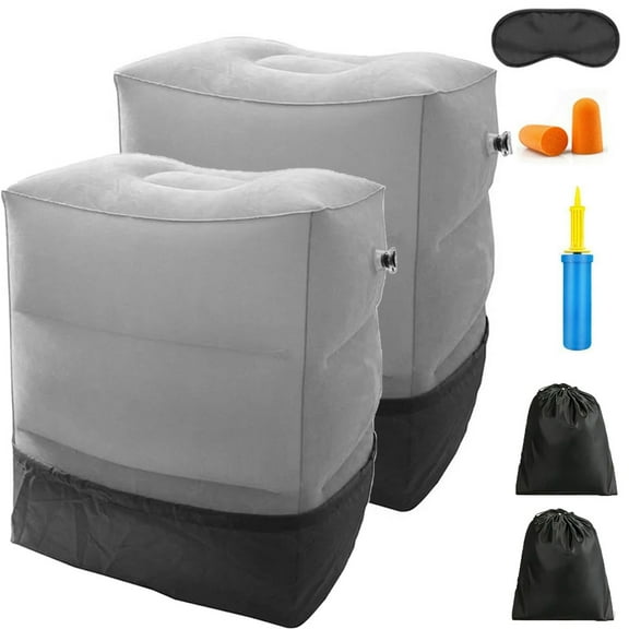 Inflatable Leg Pillow for Travel, 2-Pack Foot Rest with Pump, Eye Mask & Ear Plugs, Adjustable Height Airplane Footrest Pillow for Office Home Car Train, Portable Carry Bag Included