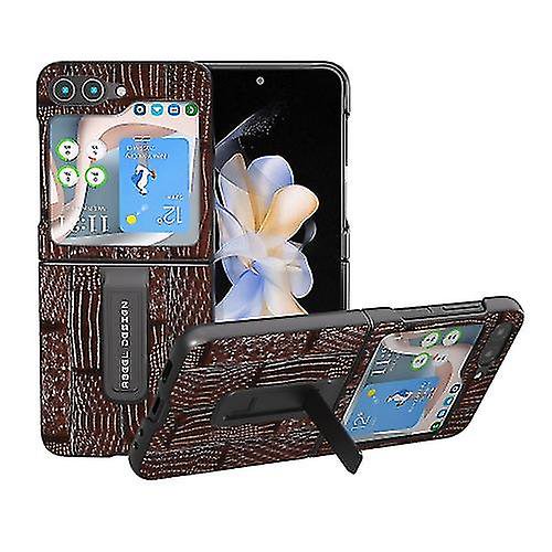 Funda de cuero genuino con textura Mahjong y soporte para Samsung Galaxy Z Flip5 (azul)