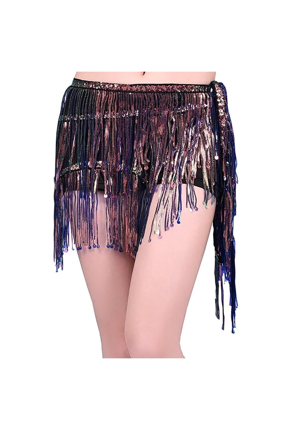 Women's Fringed Sequins Belly Dance Skirt, Sparkly Tie Side Tassel Hip Scarf Wrap for Rave Festival Disco Party