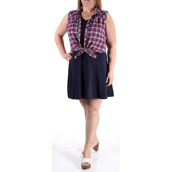 Emerald Sundae Women’s Plaid Shirt A‑line Dress, Navy/Wine, Medium