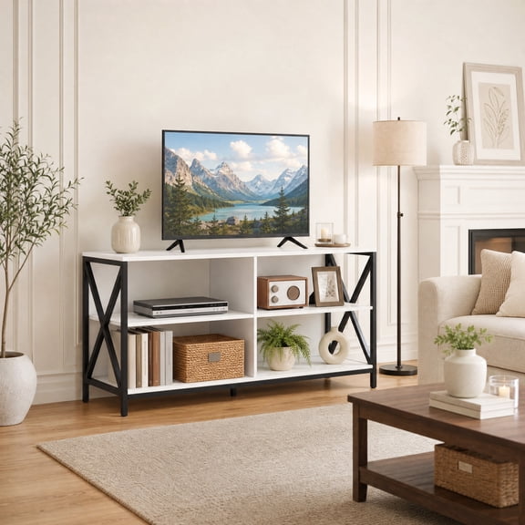 Farmhouse TV Stand for TVs up to 55 " with X-Shaped Frame, Entertainment Center Media Console with Storage Shelves, White