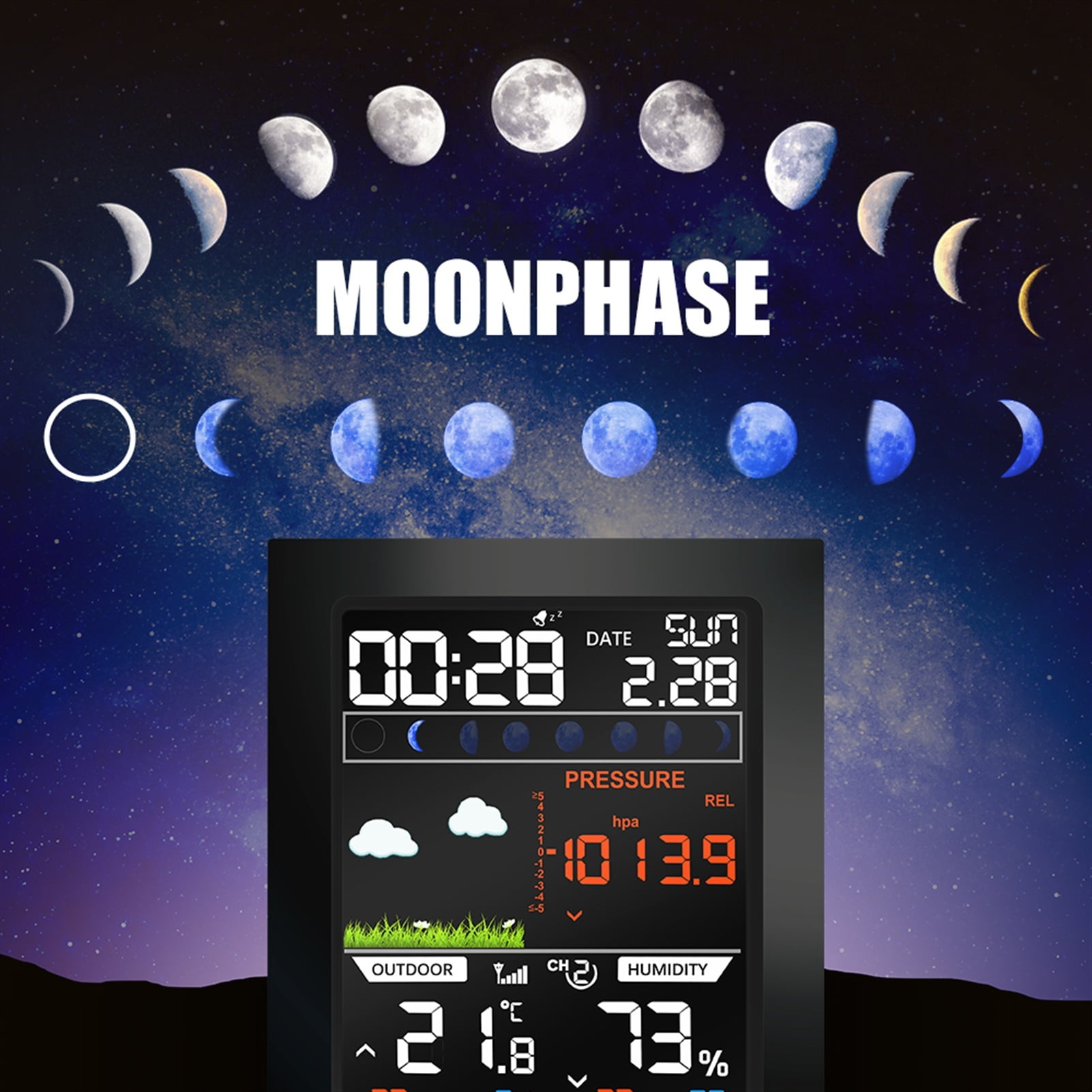 Weather Station Indoor Outdoor Sensor LED Temperature Humidity Forecast Snooze Table Digital Alarm Clock ,Easy to Operate