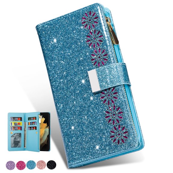 Dteck for Samsung Galaxy Z Fold 6 Case, Z Fold6 5G Wallet Case for Women Men with Card Holder Zipper Wristlet Luxury PU Leather Case for Samsung Galaxy Z Fold 6,Blue