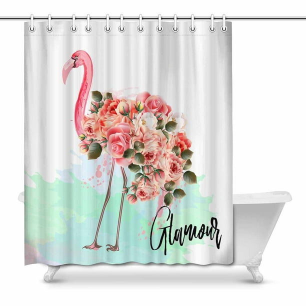 Mkhert Beautiful Fashion Pink Flamingo And Roses Glamour Decor Waterproof Polyester Bathroom Shower Curtain Bath 66x72 Inch Walmart Com Walmart Com