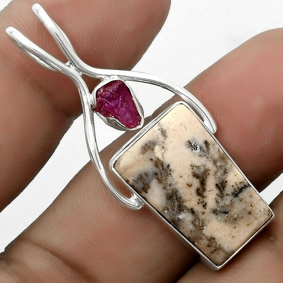 Dendrite Agate & Pink Tourmaline Rough 925 Silver Pendant Jewelry P-1038 SDP120647