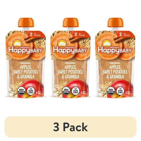 (3 pack) Happy Baby Clearly Crafted, Stage 2 Organic Baby Food, Apples Sweet Potato & Granola, 4 oz. Pouch