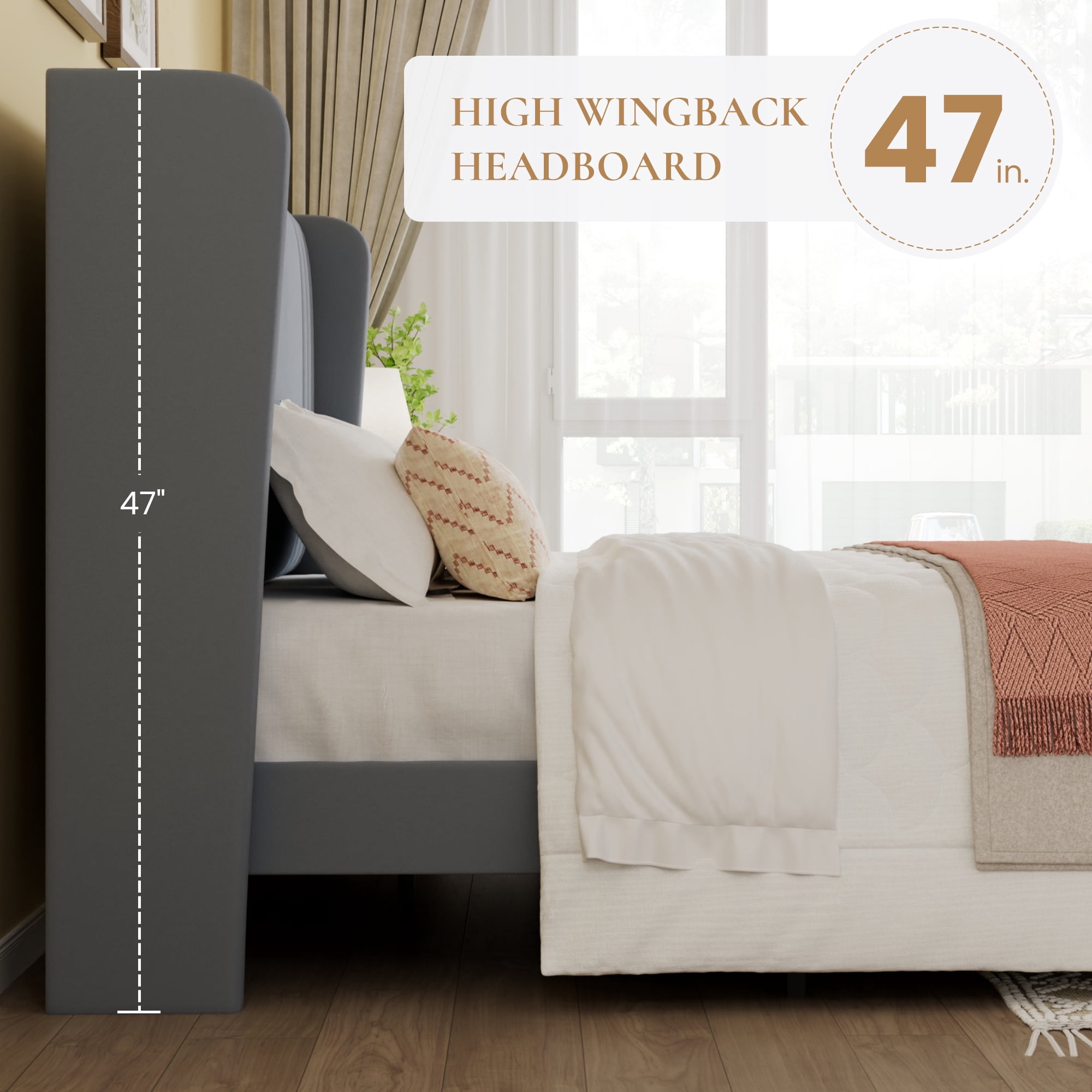 SHA CERLIN King Size Velvet Upholstered Platform Bed Frame with Vertical Channel Tufted Wingback Headboard, Wooden Slats Support, Easy Assembly, Under Bed Storage, No Box Spring Required, Grey