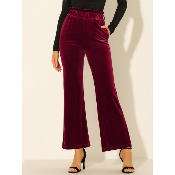 Pantalones de terciopelo para mujer Pantalones anchos elasticos de cintura con lazo con bolsillos borgona S Allegra K Pantalones Walmart en linea
