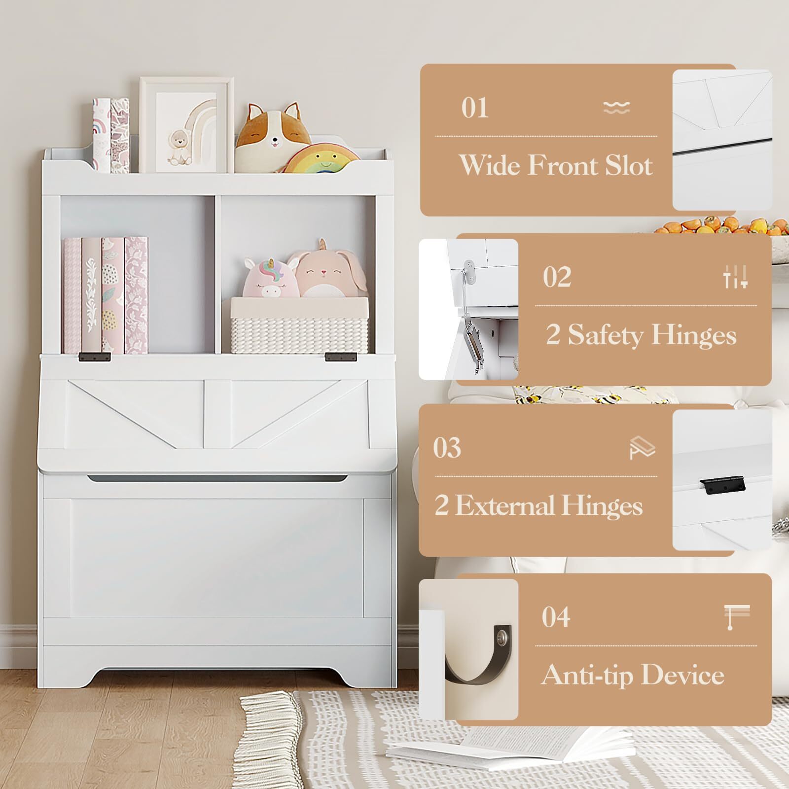 Kids Bookshelf and Toy Storage with Flip Top Lid, Wooden Toddler Bookcase Cabinet with Cubbies, Toy Storage Organizer with Bookshelf for Playroom Bedroom Nursery Classroom, White