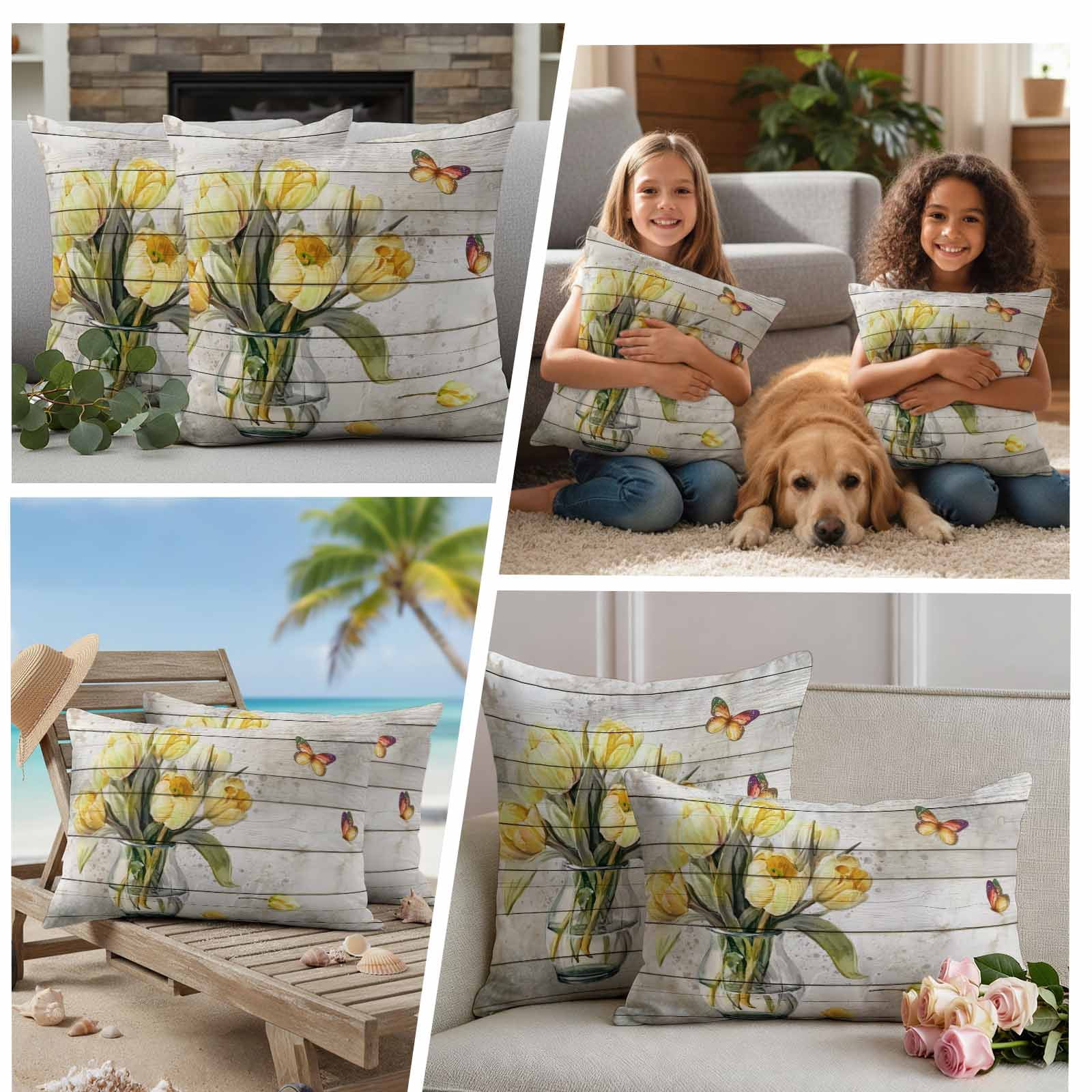 Yellow Tulip Outdoor Waterproof Pillow Covers, Vintage Spring Floral Retro Art Butterfly Wooden Decorative Square Throw Pillowcase Sofa Cushion Sham for Patio/Couch/Chair, 16"x16" 2 Pack