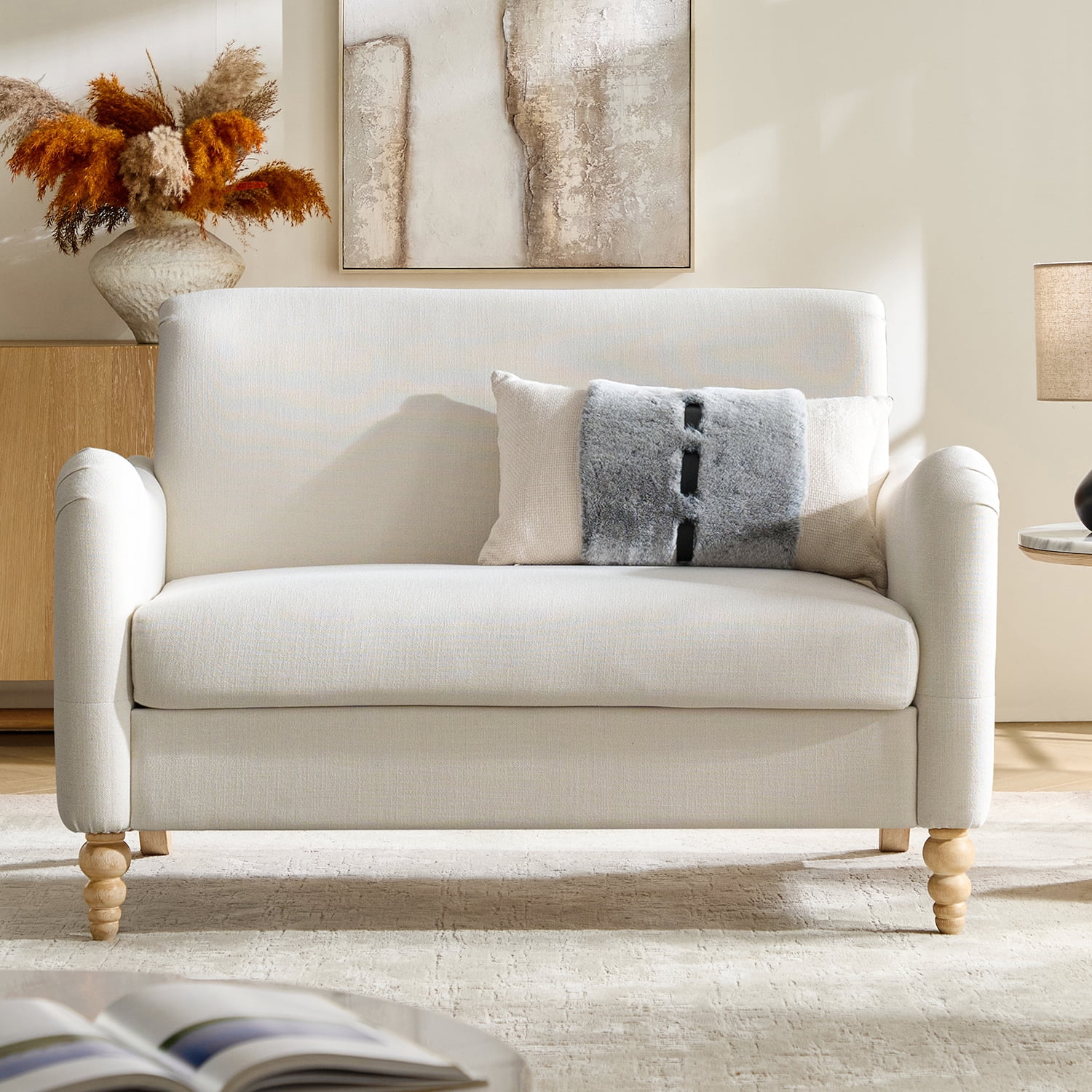 Tina's Home 50" Farmhouse Loveseat Sofa with Slope Arms and Solid Wood Bobbin Legs for Living Room, Ivory