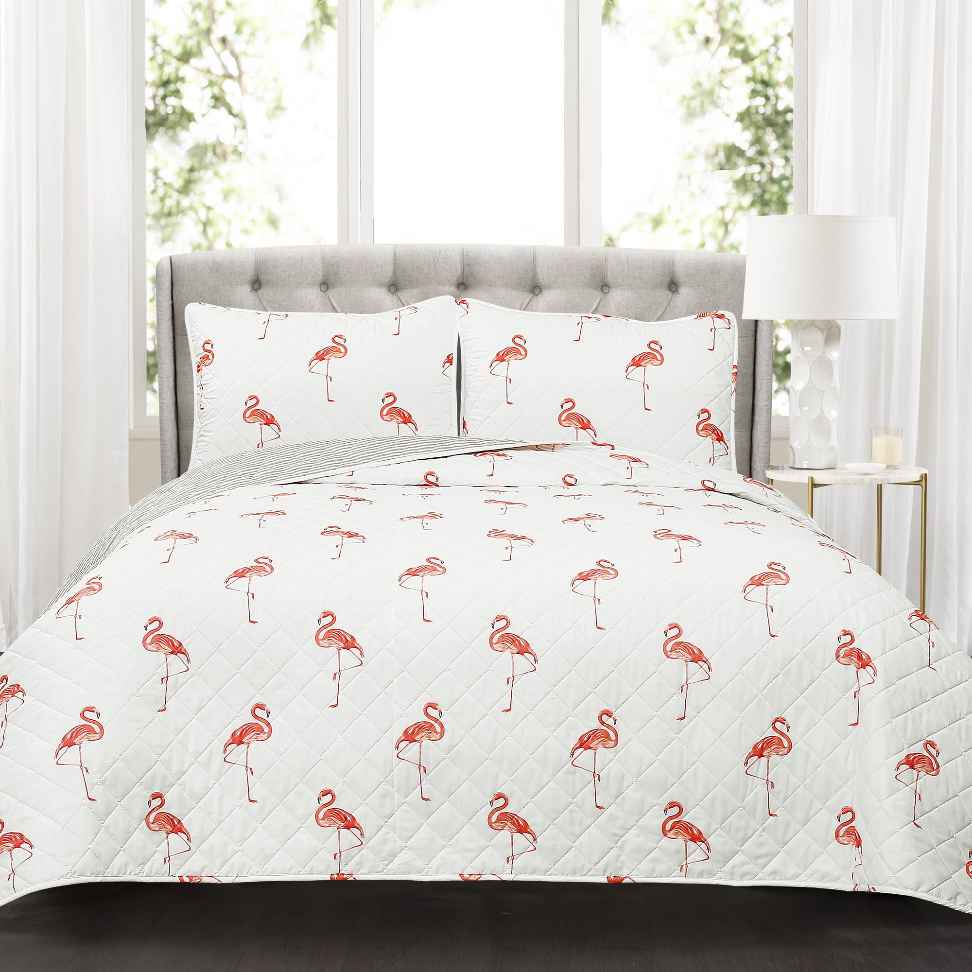Lush Decor Kelly Flamingo Animal Print Cotton Reversible Quilt, Full/Queen,  Coral, 3-Pc Set