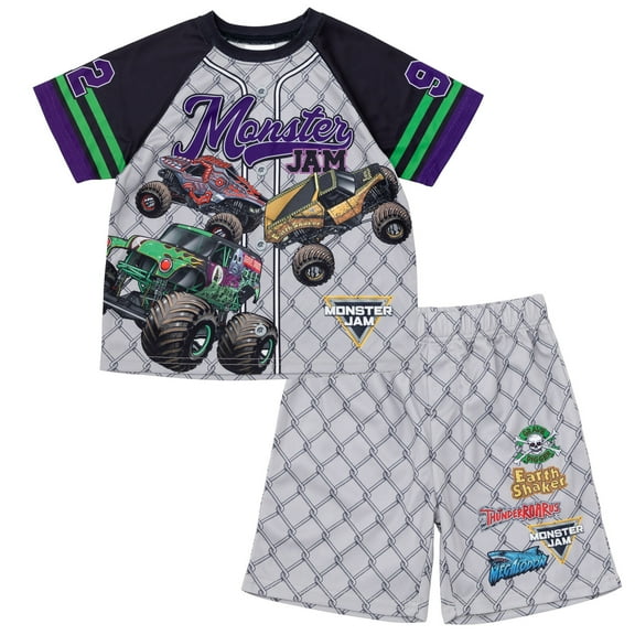 Monster Jam Grave Digger Megalodon Digatron Mesh Baseball Jersey Athletic T-Shirt and Shorts Outfit Set Toddler to Big Kid
