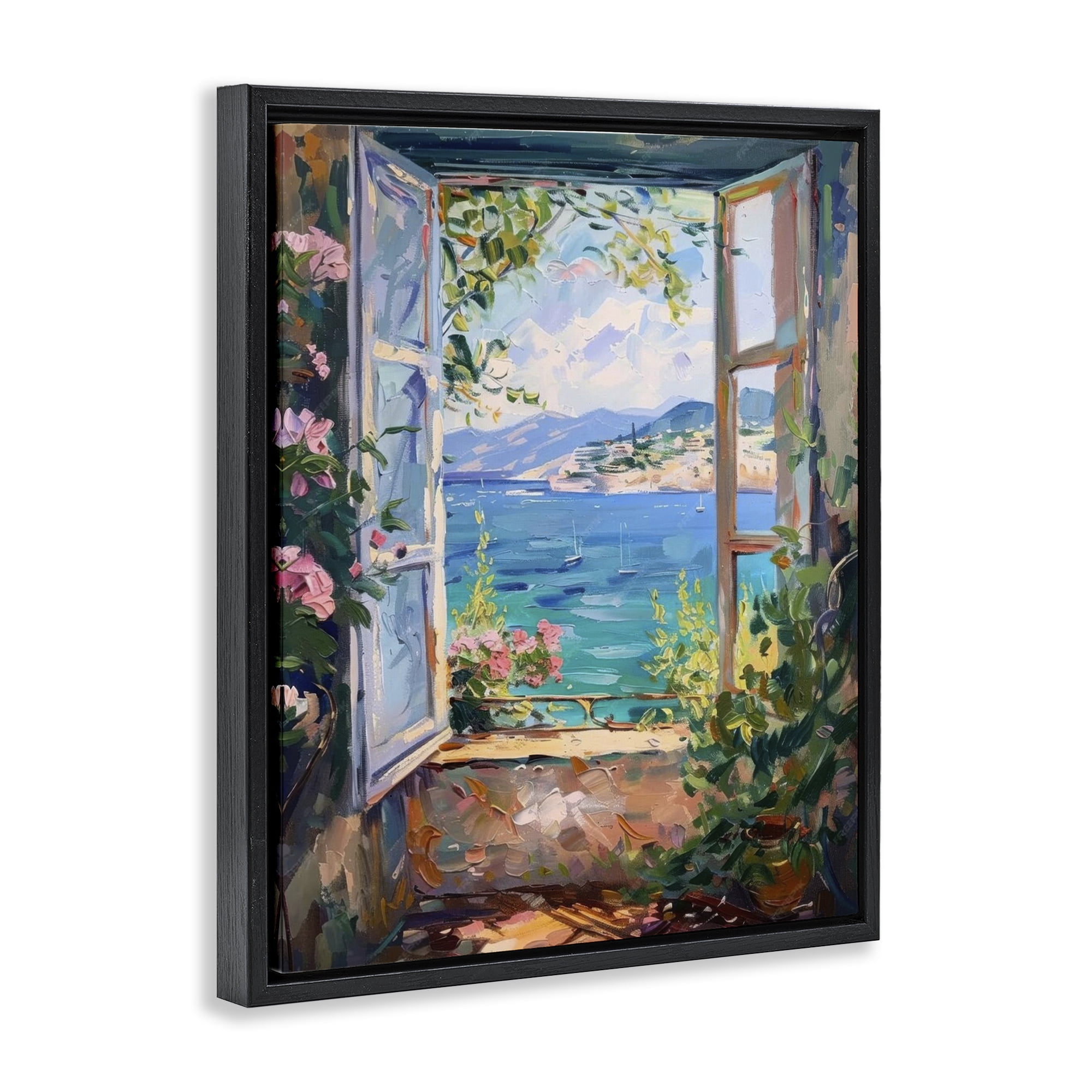Stupell Industries Window Sea View Landscape & Nature Painting Black Floater Framed Canvas Art Print Wall Art, 17 x 21