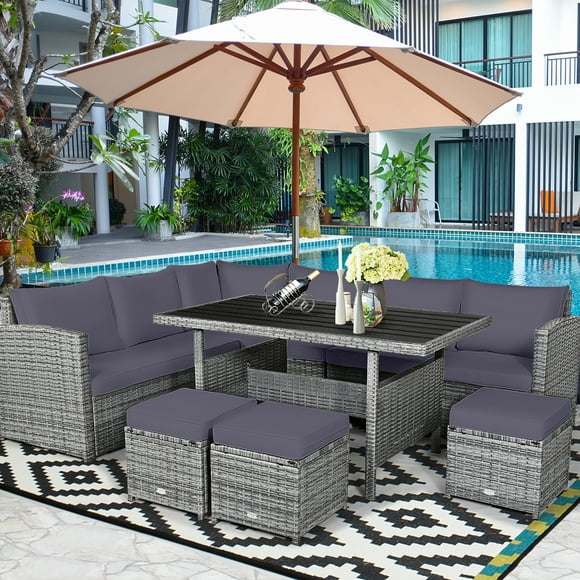 Costway 7 PCS Patio Rattan Dining Set Sectional Sofa Couch Ottoman Garden Gray