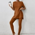 thumbnail image 4 of Women's Two Piece Knit Matching Outfits Crew Neck Slit Hem Tee And Pants Tracksuit Sets Features Formal Pants Suits for Women Evening Weddings Petite Womens Outfits Dressy Casual Suits for Women Work, 4 of 8