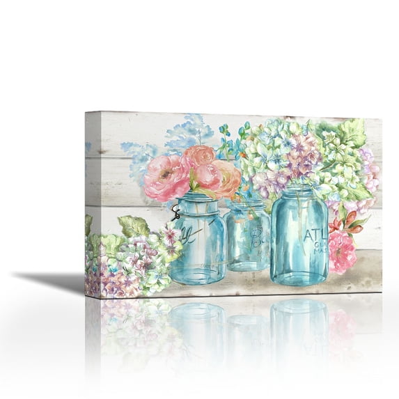 Colorful Flowers in Mason Jar Landscape - Contemporary Fine Art Giclee on Canvas Gallery Wrap - wall décor - Art painting - 36 x 24 Inch - Ready to Hang