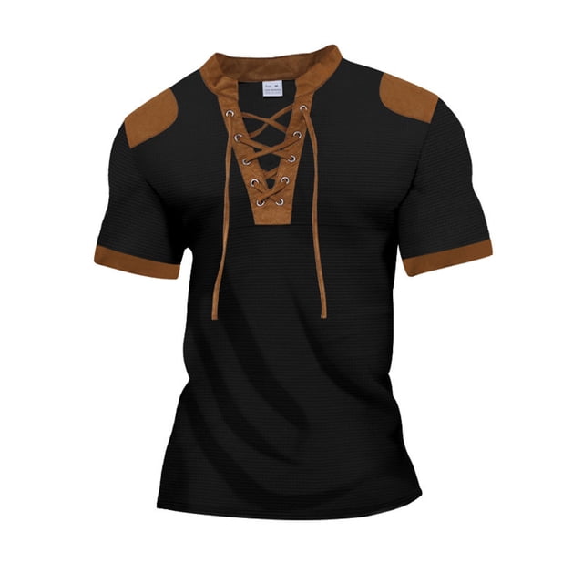 Birdeem Chemises pour Hommes Style Rétro Décontracté Col en V Patchwork Manches Courtes Blouse