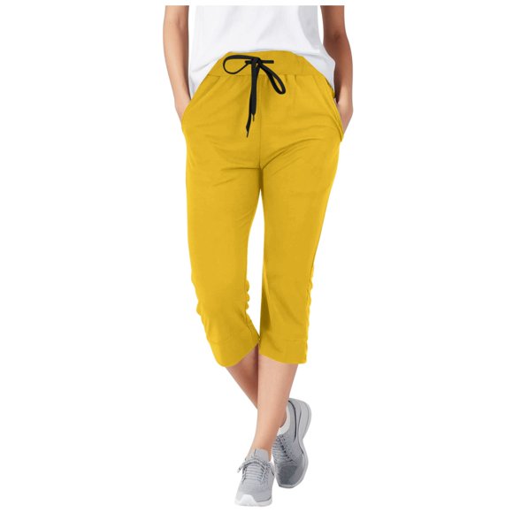 HBFAGFB Cropped Pants for Women with Pockets Casual Mid Long Length Trousers Going Out Yellow Size XL