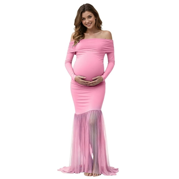 Kogui Maternity Dress Maternity Long Sleeve Off Shoulder Baby Shower Dress Party Mesh Paneled Split Maxi Photography Gown for Photoshoot (Pink,S)