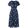 thumbnail image 4 of Vivianyo HD Vacation Dresses for Women 2024 Casual Loose Floral Printing Sexy Hip Wrap V-Neck Beach Skirt Short Sleeved Bohemian Tunic Mini Dress, 4 of 6