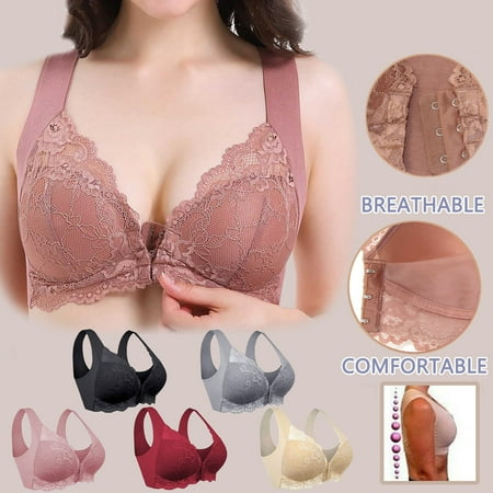 

LINMOUA Women s Adjustable Sports Front Closure Extra-Elastic Breathable Lace Trim Bra Wine