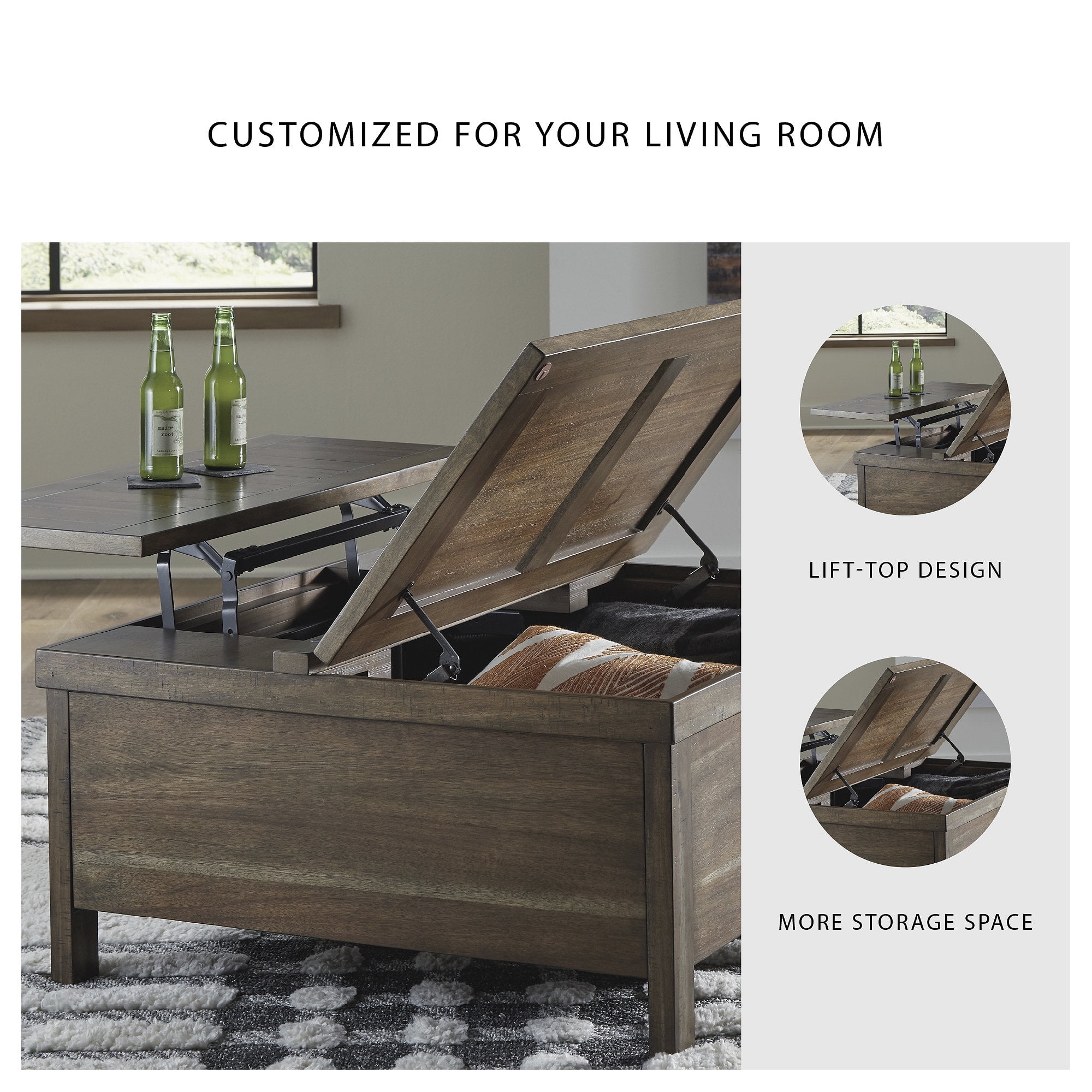 Signature Design by Ashley Moriville Rustic Hinged and Lift Top Cocktail Table with Hidden Storage, Light Brown